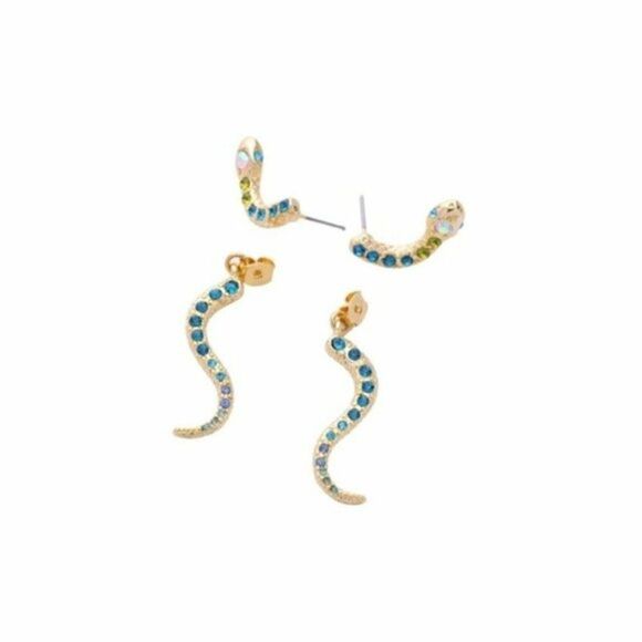 Blue Crystal Snake Vintage Gold Stud Drop Statement Earrings - Picture 9 of 13